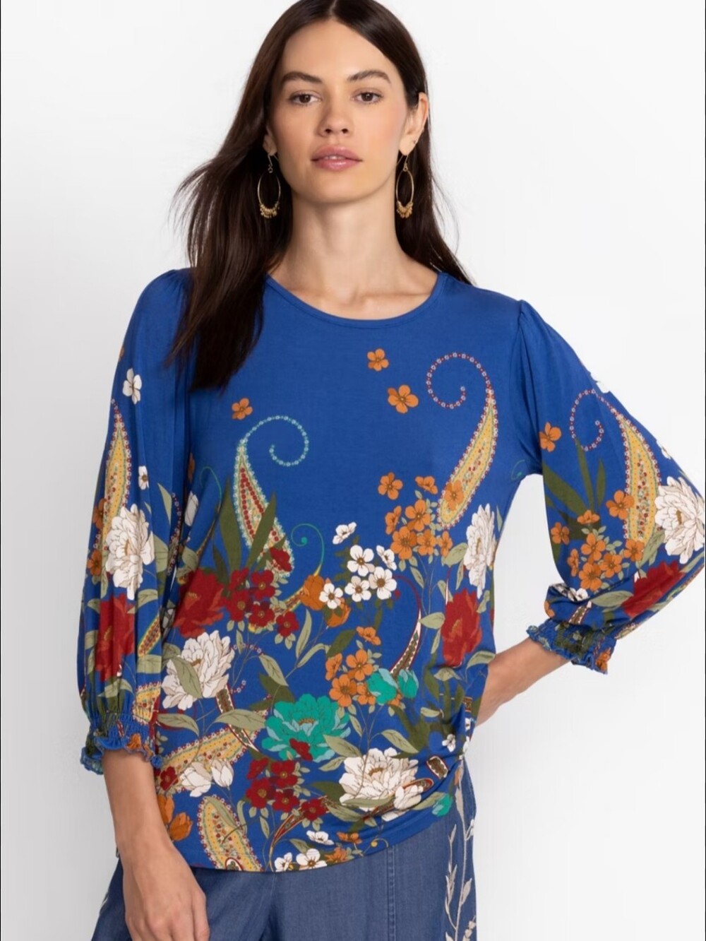 Johnny Was Tee Bee Smocked Sleeve Tee In Stretch Jersey